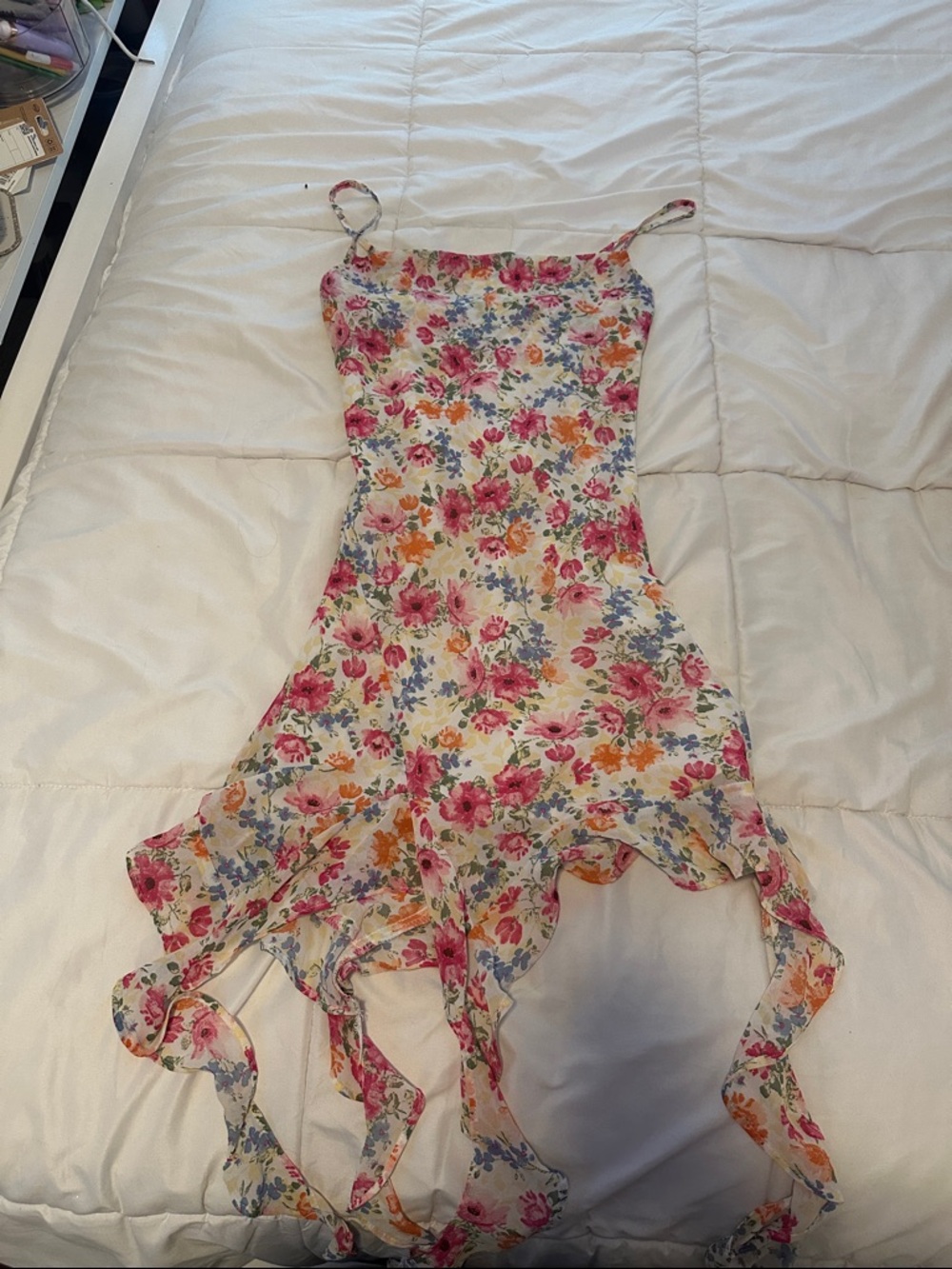 T.J.Maxx Floral Slip Dress in White with Pink, Orange & Blue Flowers